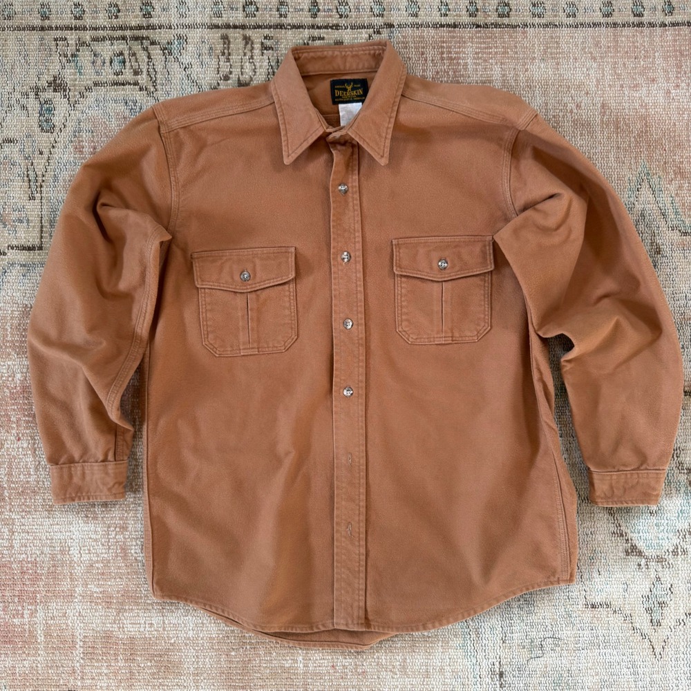 Deerskin Melton Shirt Jacket Mens Large Rust Brown Button Up Made in USA Vintage